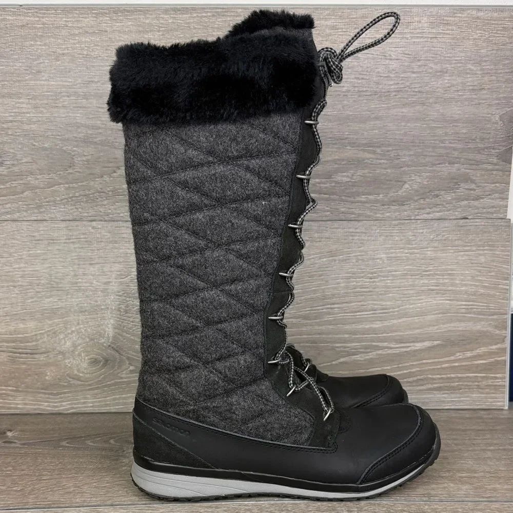 Salomon Hime Women's Sz 10 Warm Waterproof Tall Quilted Dark Gray Black Boots